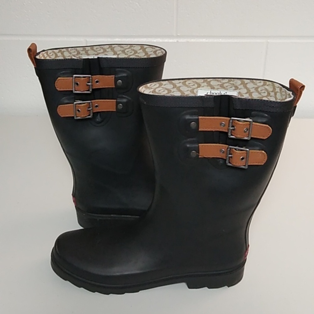 CHOOKA RAIN BOOTS, 12" SHAFT, BLACK WITH BROWN BUCKLES SIZE 10 - Picture 5 of 10